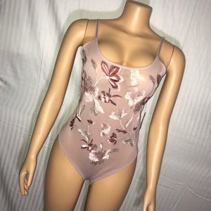 Express Embroidered Mesh Pink Floral Bodysuit